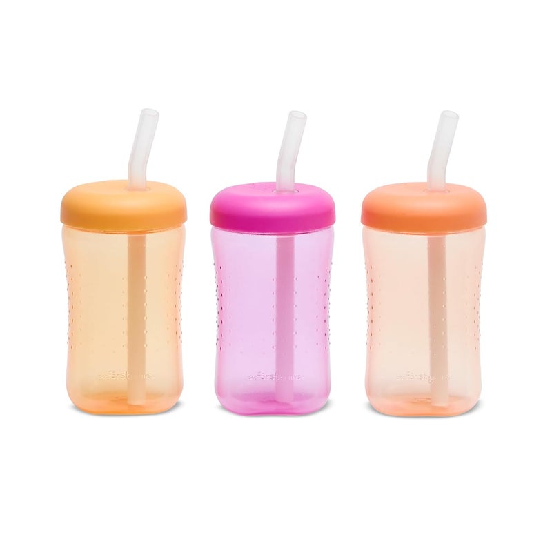 the FIRST years Squeeze & Sip Toddler Straw Cups - Squeezable Transition Sippy Cup with Silicone Straw - Toddler Feeding Supplies - Yellow/Pink/Orange - 7 Oz - 3 Count - Ages 6 Months and Up - Image 1